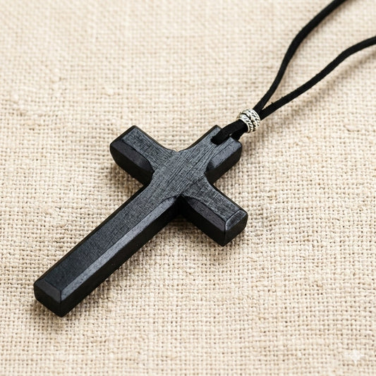 ✝️ Handcrafted Black Wood Cross Necklace - Adjustable Long Cord For Men Women Kids