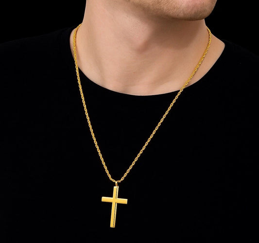 316L Stainless Steel Gold Cross Necklace – 22" Rope Chain
