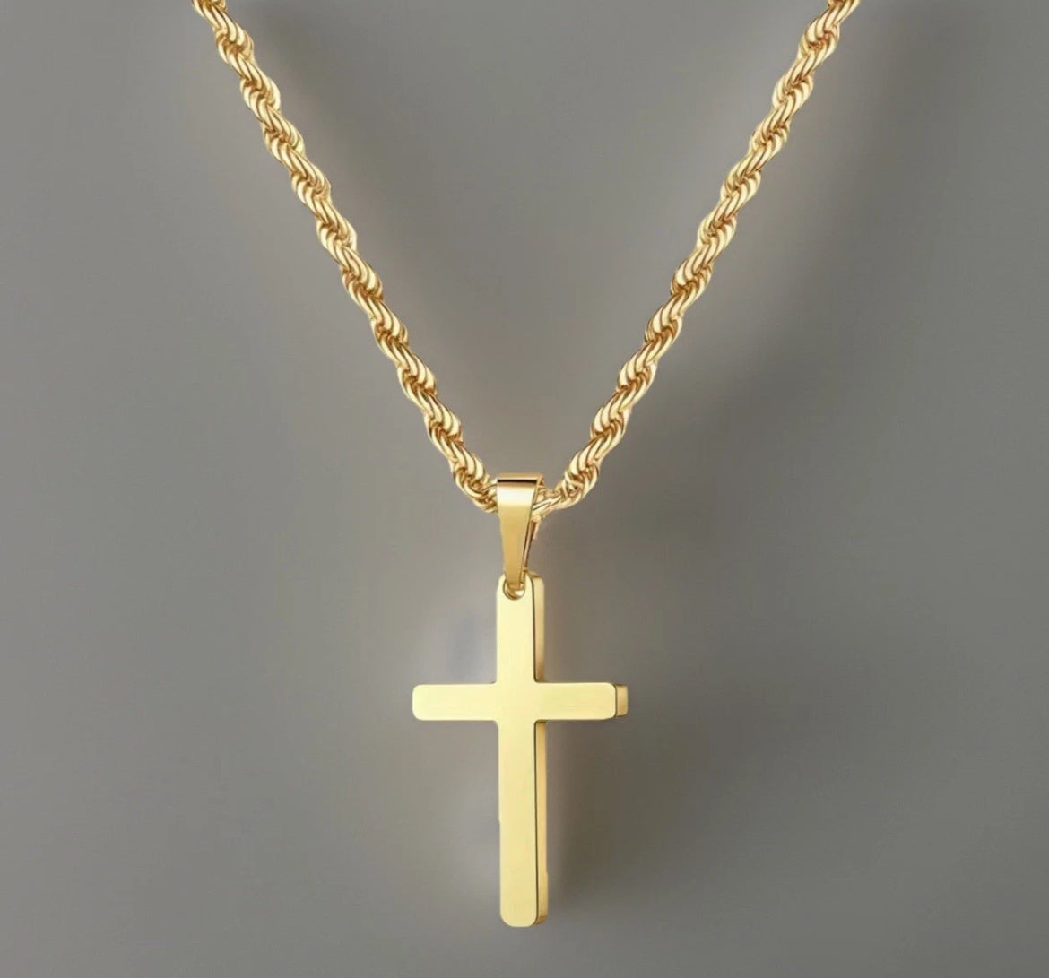 316L Stainless Steel Gold Cross Necklace – 22" Rope Chain
