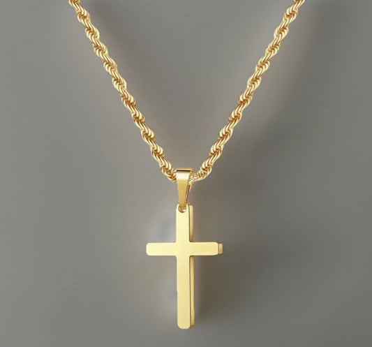316L Stainless Steel Gold Cross Necklace – 22" Rope Chain