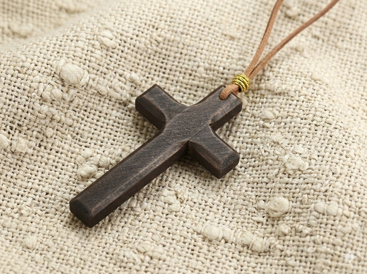 ✝️ Handcrafted Brown Wood Cross Necklace - Adjustable Long Cord For Men Women Kids