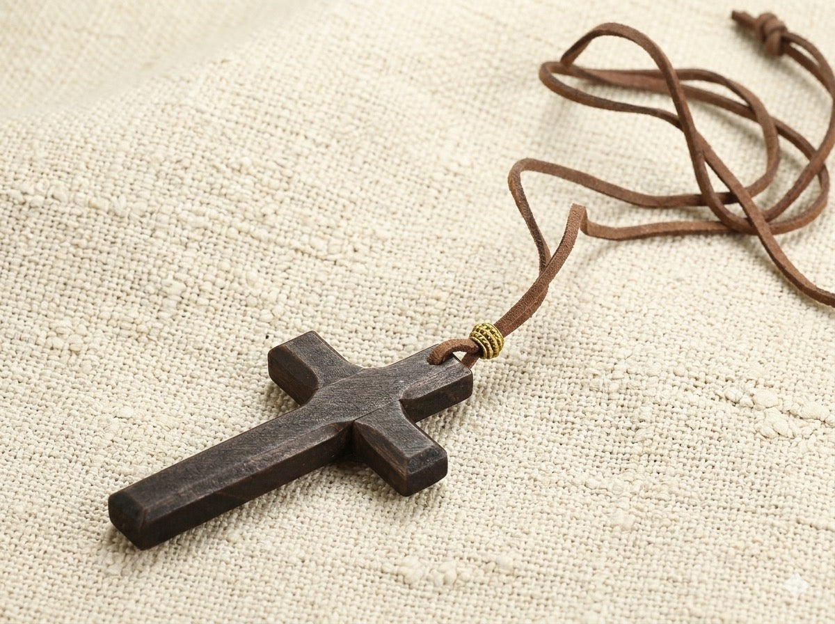 ✝️ Handcrafted Brown Wood Cross Necklace - Adjustable Long Cord For Men Women Kids
