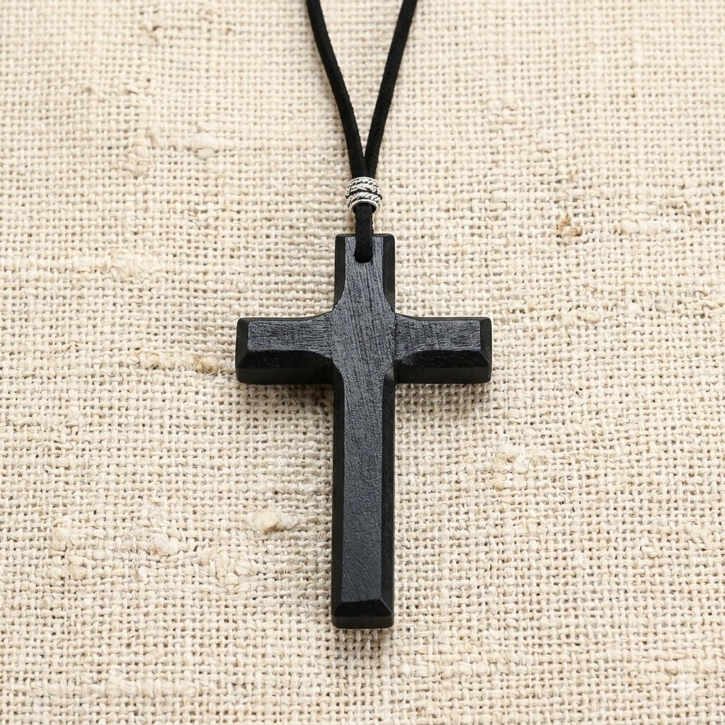 ✝️ Handcrafted Black Wood Cross Necklace - Adjustable Long Cord For Men Women Kids