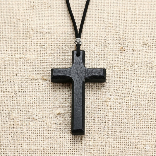 ✝️ Handcrafted Black Wood Cross Necklace - Adjustable Long Cord For Men Women Kids