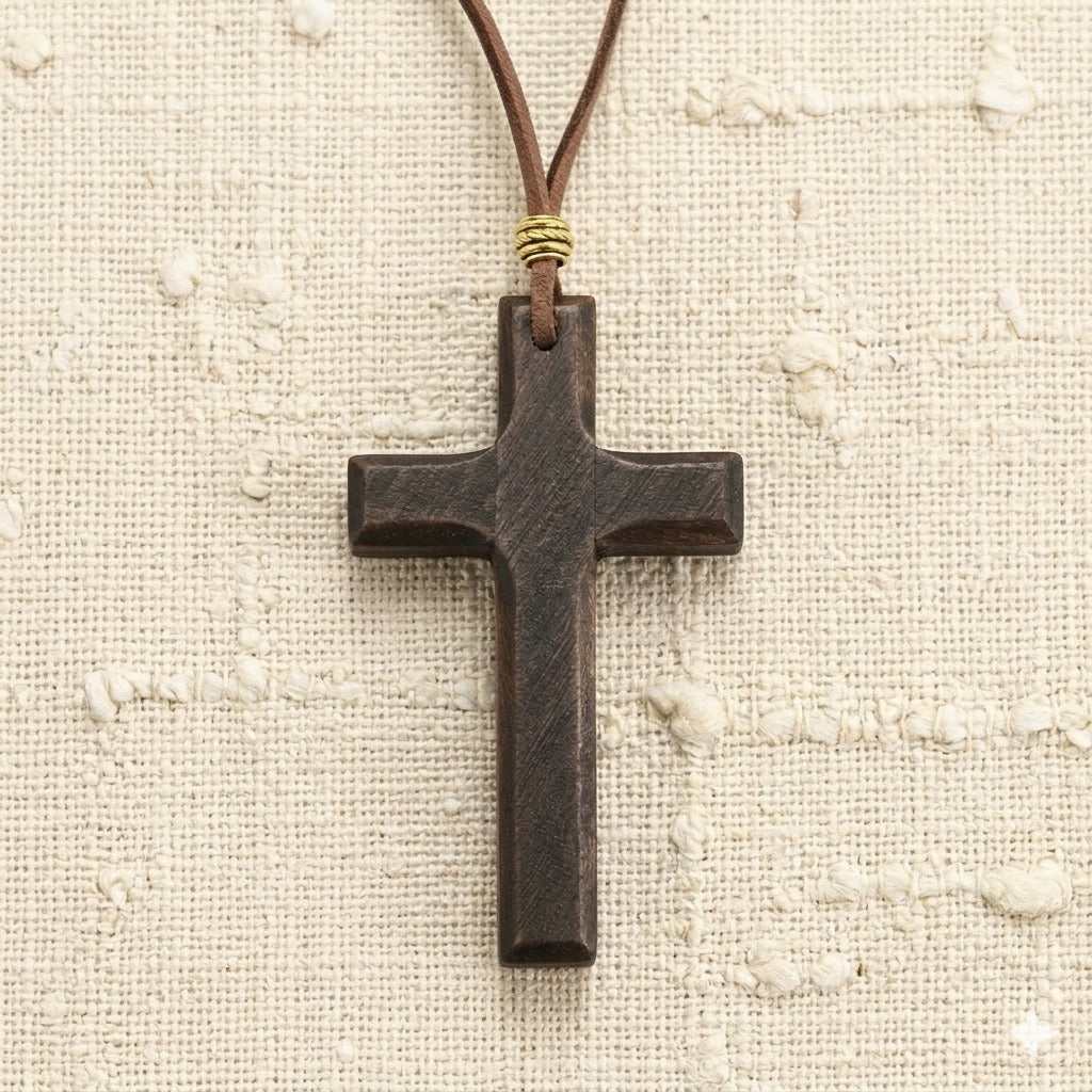 ✝️ Handcrafted Brown Wood Cross Necklace - Adjustable Long Cord For Men Women Kids