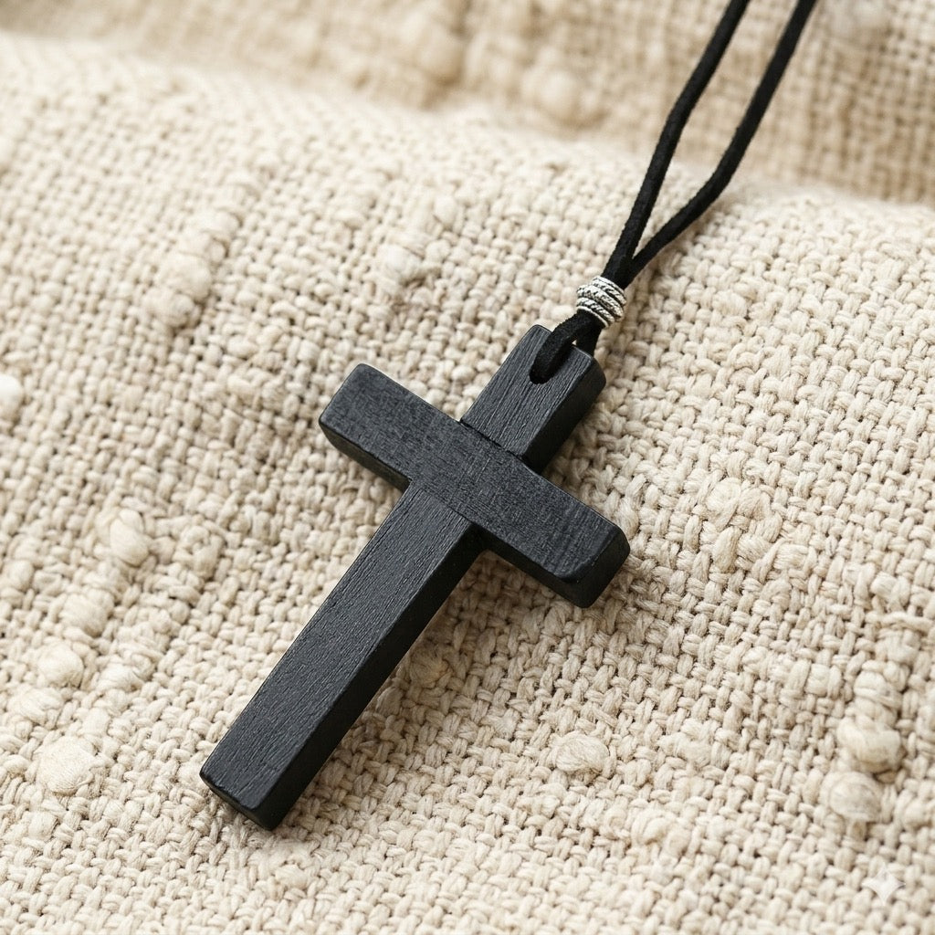 ✝️ Handcrafted Black Wood Cross Necklace - Adjustable Long Cord For Men Women Kids